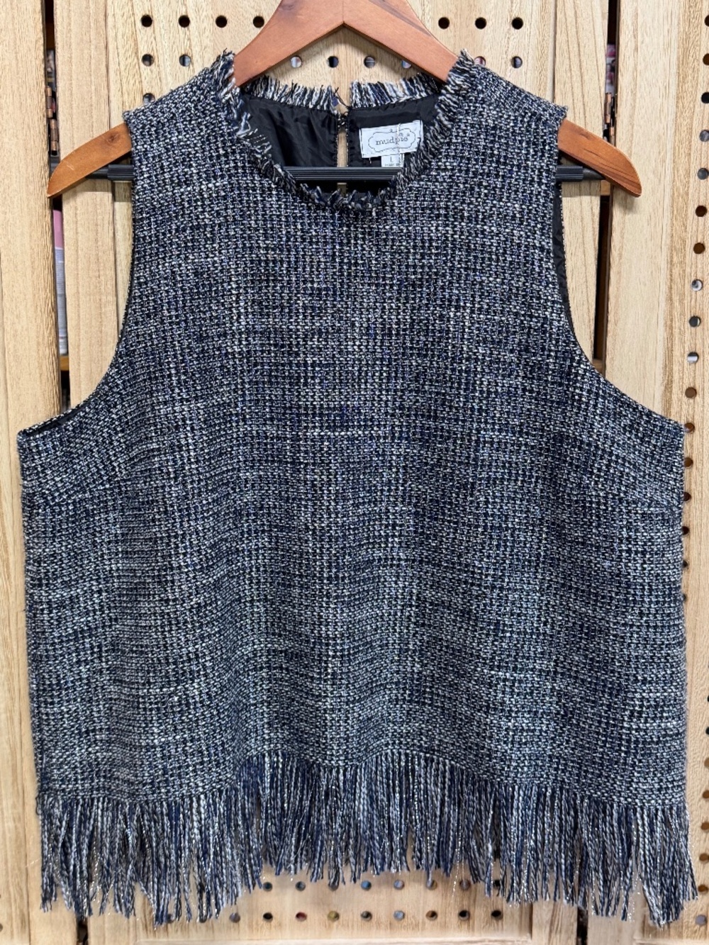 Mud Pie Fringe Tweed Sleeveless Top Blue Black Metallic Size Large